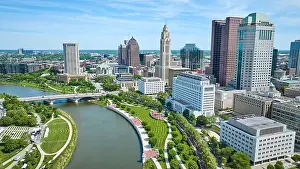 Summer Day Prints: Vern Riffe State Office Tower and Huntington Center aerial of buildings and river Columbus Ohio