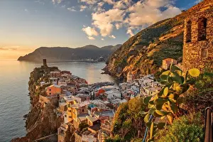 Vernazza, La Spezia, Liguria, Italy in the Cinque Terre region at dusk