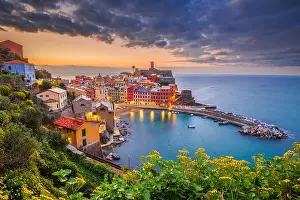 Vernazza, La Spezia, Liguria, Italy in the Cinque Terre region at dusk