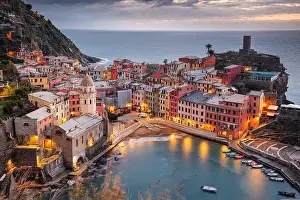 Vernazza, La Spezia, Liguria, Italy in the Cinque Terre region at dusk