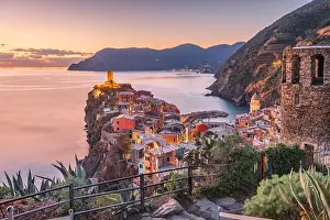 Vernazza, La Spezia, Liguria, Italy in the Cinque Terre region at dusk