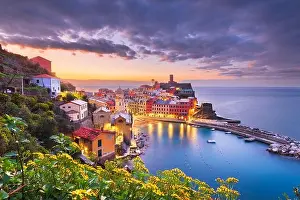 Vernazza, La Spezia, Liguria, Italy in the Cinque Terre region at dusk
