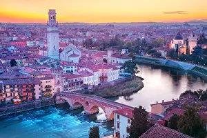 Verona, Italy. Aerial cityscape image of iconic Italian town Verona at sunset