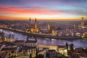 Verona, Italy Skyline on the Adige River at dusk