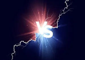 Spark Prints: Versus background. Blue and red lights with white text VS. Vector illustration