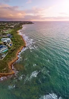 Coastlline Prints: Vertical aerial panorama of Mornington Peninsula coastline in Melbourne, at sunset