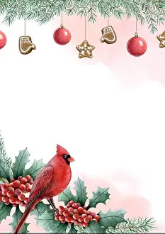 Holly Prints: Vertical Christmas greeting card template with red cardinal bird