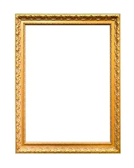 Gilt Prints: vertical classical wooden picture frame with blank canvas cutout on white background