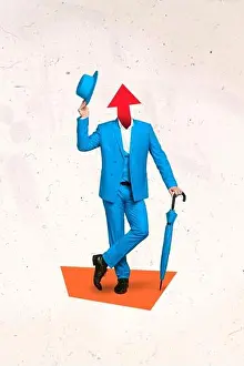 Parasol Prints: Vertical collage image of guy wear blue suit hand hold headwear umbrella growing arrow up instead head isolated