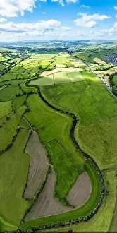 Vertical panorama of Farms and Fields over Cononley and River Aire from a drone, Keighley, North Yorkshire, England
