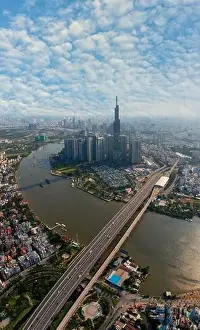 Vertical panorama photo of downtown Ho Chi Minh city in morning