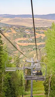 Off Season Prints: Vertical Scenic aerial view on a summer day of ski resort in Park City with chairlifts