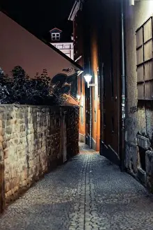City House Prints: A vertical shot of an alley captured at night in a neighborhood