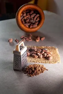 Cocoa Prints: A vertical shot of a grater, cocoa beans with a bowl in the background
