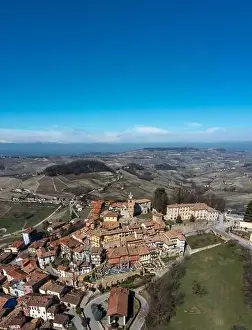 Vertical view of the picturesque village of Montforte d'Alba in the Barolo wine region of the Italian Piedmont