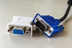 Analog Prints: Vga plug of white dvi-d adapter and blue vga socket monitor cord near it