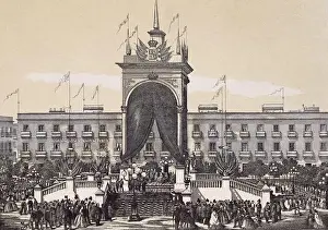 Obelisk Prints: VIAJE DE SUS MAJESTADES Y ALTEZAS REALES A ANDALUCIA EN 1862 - OBELISCO EN LA PLAZA NUEVA DE SEVILLA