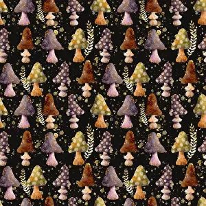 Dreamlike Prints: A vibrant and intricate pattern showcasing whimsical trees and playful mushrooms set against a dark background