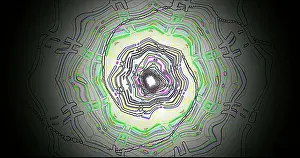 A vibrant spiral design showcases an intricate mix of lines in green, purple, and white