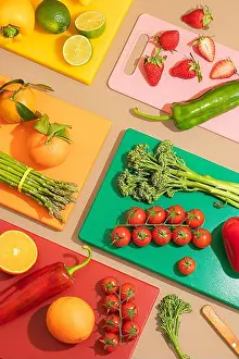 Prep Prints: A vibrant top down view of fresh fruits and vegetables on colorful cutting boards