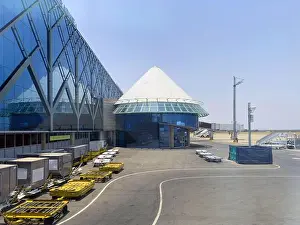 Zimbabwe Prints: Victoria Falls airport terminal building facade. Zimbabwe, Travel to Africa concept