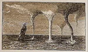 Vortex Prints: A Victorian engraving showing a sailing ship trying to avoid a family of waterspouts