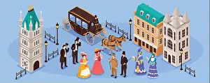 Residents Prints: Victorian era horizontal poster with residents of old town
