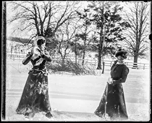Scanned Prints: Victorian photograph of women having a snowball fight in Fallston, Maryland