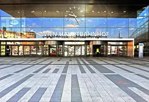 Railway Transport Prints: VIENNA, AUSTRIA - JUNE 6: Main railway station of Vienna with the german sign «Vienna train station» on June 6