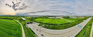 Freeway Prints: Vienna Austria May.3 2023, Aerial view of Highway with ecoduct bridge overpass for wild animals and pedestrians