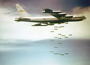 Vietnam: American B-52F bombers of USAF Strategic Air Command unleashing its bomb load over Vietnam