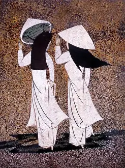 Lacquer Prints: Vietnam: Lacquer painting on a wall of women in ao dai ('long dress')