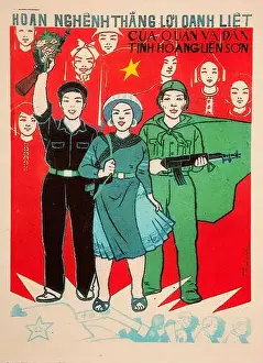 Vietnamese propaganda poster from end 1960's says: Cheering the glorious feats of Hoang Lien Son