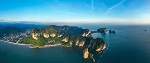 Krabi Prints: View from above, aerial shot, panoramic view of the Ao Nang coast at sunset with the Ao Nang Tower