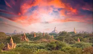 Hot Air Balloon Prints: View from above, stunning aerial view of the Bagan Archaeological Zone during a beautiful sunset