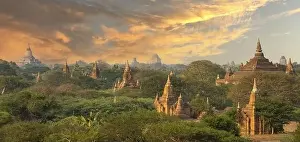 Earthquake Prints: View from above, stunning aerial view of the Bagan Archaeological Zone at sunset