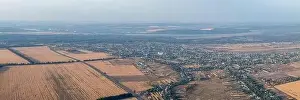 Top view or aerial panorama from drone or aerostat to autumn nature landscape panorama