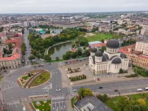 Trinity Prints: Top view of Arad, Romania cityscape with the Orthodox Cathedral and the surounding buidings