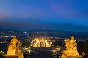 View of Barcelona, Spain. Plaza de Espana at evening with twilight sky in Barcelona, Spain
