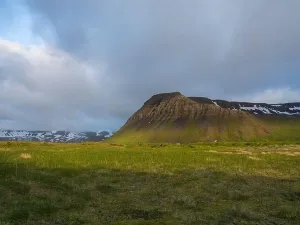 Campsite Prints: View on beautiful snow covered cliffs mountain and hills in Fljotavik cove