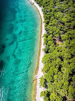 Shallows Prints: Top down view of beautiful white beach and green pine forest of Rogoznica
