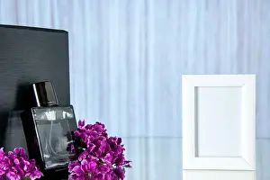 Perfume Prints: front view black expensive fragnance with picture frame on light background present love portrait marriage flower