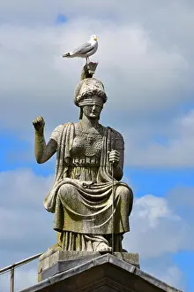 Seabird Prints: View of the Britannia statue on top of The Town Hall in Castle Ditch from Caernarfon Castle