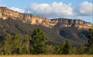 Sandstone Cliffs Prints: View of bushland and rugged sandstone cliffs in Blue Mountains National Park