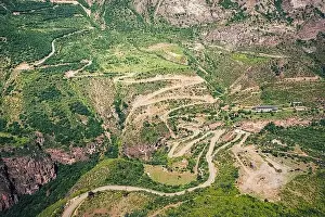 Armenia Prints: View from the cab of the cable car on the mountain serpentines leading to the Tatev Monastery in Armenia