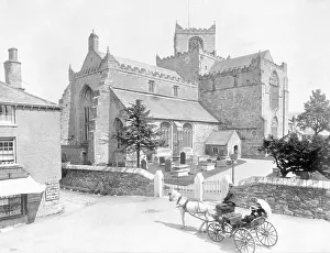 Stock Photograph Prints: View of Cartmel Church with a horse and carriage in the foreground - 1899