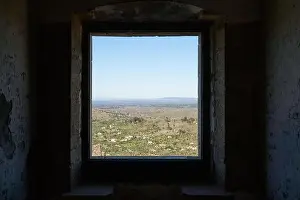 Serra Prints: View of Castelo de Video Serra de Sao Mamede mountains landscape through the window of the castle