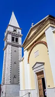 Adriatic Coast Prints: A view on a church and a bell tower from the bottom