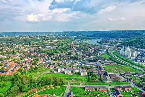 View over the city of Huy in Belgium and Meuse River to the distant nuclear power station of Tihange