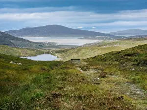 Sandy Beach Prints: View down Coffin Road to Luskentyre beach with bench and loch